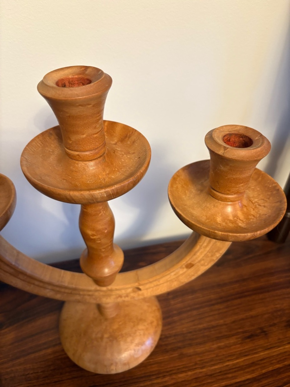 Handcrafted Wooden Three-Arm Candleabra - Picture 3 of 4